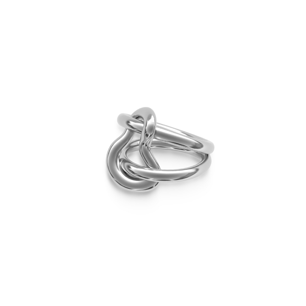 Silver ring with a modern design on a white background